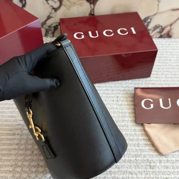 Gucci Black Leather Mini Bucket Bag Web Stripe Shoulder Strap + Box - Picture 2 of 8